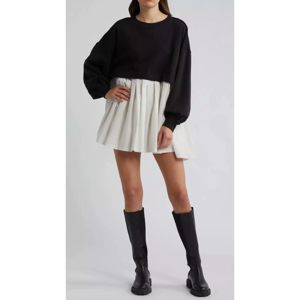 FREE PEOPLE ELEANOR HEART STITCHING PLEATED SWEATSHIRT TUNIC OVERSIZED DRESS M